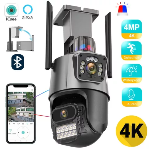 Titan 360' 8MP 4K WiFi PTZ kültéri biztonsági kamera – iCSee, éjjellátás, mozgáskövetés, IP66- szürke-fekete