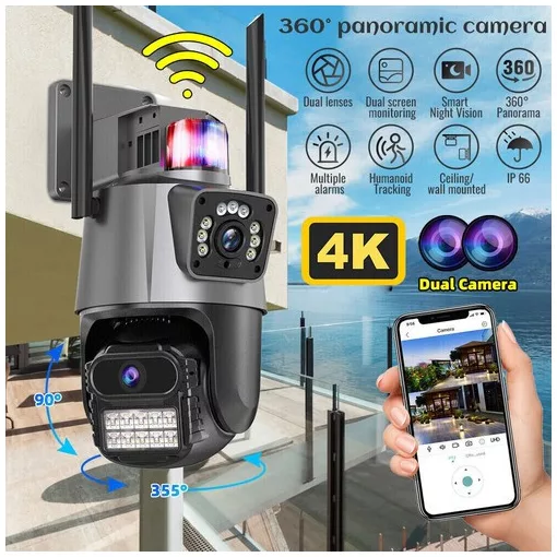 Titan 360' 8MP 4K WiFi PTZ kültéri biztonsági kamera – iCSee, éjjellátás, mozgáskövetés, IP66- szürke-fekete
