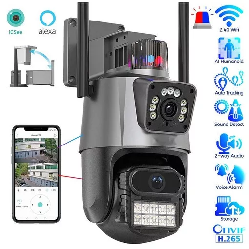 Titan 360' 8MP 4K WiFi PTZ kültéri biztonsági kamera – iCSee, éjjellátás, mozgáskövetés, IP66- szürke-fekete