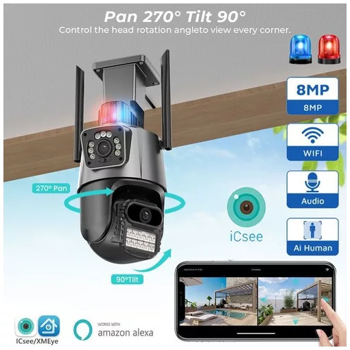 Titan 360' 8MP 4K WiFi PTZ kültéri biztonsági kamera – iCSee, éjjellátás, mozgáskövetés, IP66- szürke-fekete