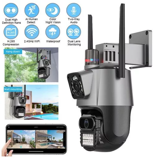 Titan 360' 8MP 4K WiFi PTZ kültéri biztonsági kamera – iCSee, éjjellátás, mozgáskövetés, IP66- szürke-fekete
