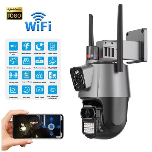 Titan 360' 8MP 4K WiFi PTZ kültéri biztonsági kamera – iCSee, éjjellátás, mozgáskövetés, IP66- szürke-fekete