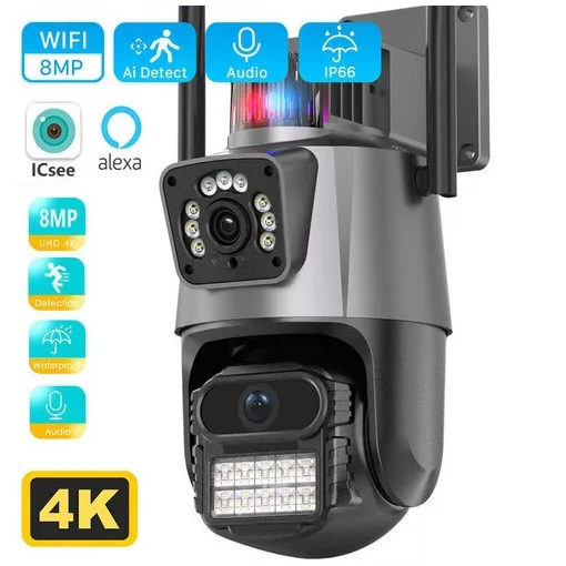 Titan 360' 8MP 4K WiFi PTZ kültéri biztonsági kamera – iCSee, éjjellátás, mozgáskövetés, IP66- szürke-fekete