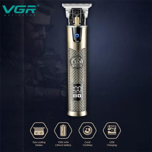VGR V-983 Professzionális zezeték nélküli hajvágó és kontúrvágó – T-pengével, 0 mm vágás, 1500 mAh akkumulátor, 200 perc üzemidő