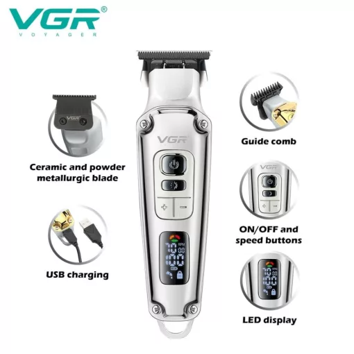 VGR V-931 Professzionális hajvágó digitális kijelzővel, 5500–7000RPM, 240 perc üzemidő, 1600mAh akkumulátor