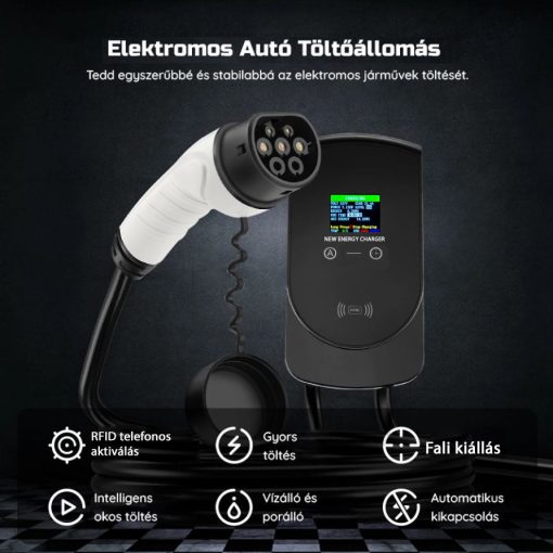 Fali Töltőállomás elektromos autókhoz és egyéb járművekhez,színes képernyős,kártyás, 5 méter 7 kw,32A,type2 csatlakozóval