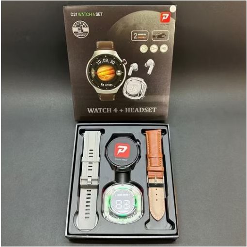 D21 okosóra ezüst készlet - Okosóra, vezeték nélküli fülhallgató, szilikon és bőr szíj