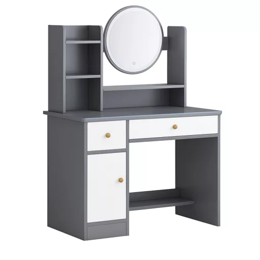 Sminkasztal LED tükörrel és székkel – Többzónás tárolás és tágas asztallap, szürke-fehér 80x40x128 cm