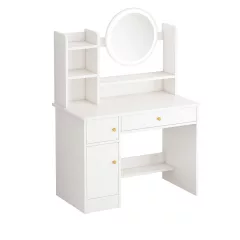   Sminkasztal LED tükörrel – Többzónás tárolás és tágas asztallap, fehér, 80x40x128 cm