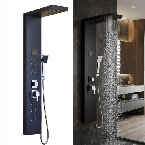 Modern falra szerelhető hidromasszázs zuhanyrendszer - vízhőmérséklet-kijelzővel - fekete