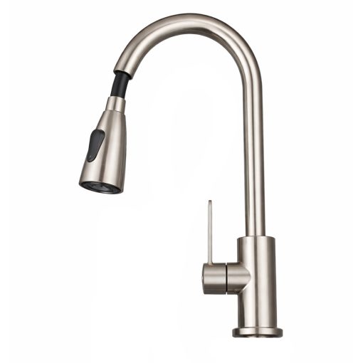 Rozsdamentes acél kihúzható mosogatótálcás csaptelep háztartási konyhába, teleszkópos mosogatócsap hideg-meleg vízhez, fröccsenésgátló kivitel