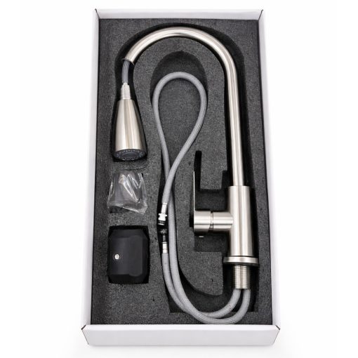 Rozsdamentes acél kihúzható mosogatótálcás csaptelep háztartási konyhába, teleszkópos mosogatócsap hideg-meleg vízhez, fröccsenésgátló kivitel