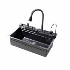   Prémium digitális kijelzős multifunkciós  konyhai mosogató digitális kijelzővel 80x45 cm - Beépített poháröblítővel, 360°-ban forgatható, kihúzható csaptelep vízesés funkcióval