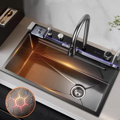 Prémium digitális kijelzős multifunkciós  konyhai mosogató digitális kijelzővel 80x45 cm - Beépített poháröblítővel, 360°-ban forgatható, kihúzható csaptelep vízesés funkcióval