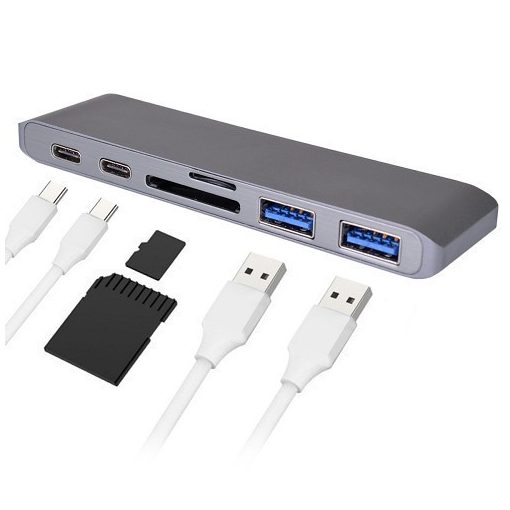 USB elosztó HUB MacBook-hoz szürke színben, Type-C, USB 3.0, SD, Micro SD, TF