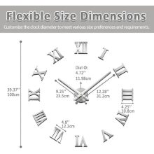 Nagyméretű DIY Modern Halk Falióra – 3D Öntapadós Római Számos, Ezüst Színben (90 cm – 1,8 m, szabadon állítható méret)