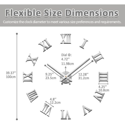 Nagyméretű DIY Modern Halk Falióra – 3D Öntapadós Római Számos, Ezüst Színben (90 cm – 1,8 m, szabadon állítható méret)