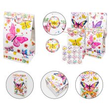 48 darabos Pillangós Party Ajándék Szett – Ajándéktasakok, kulcstartók, karkötők és matricák