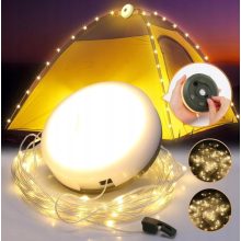 Akkumulátoros LED-es kempinglámpa 10m-es beépített ledszalaggal – Meleg fényű, IPX4 vízállósággal