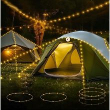 Akkumulátoros LED-es kempinglámpa 10m-es beépített ledszalaggal – Meleg fényű, IPX4 vízállósággal