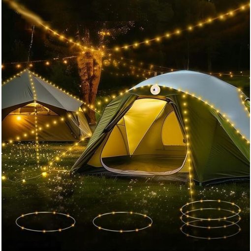 Akkumulátoros LED-es kempinglámpa 10m-es beépített ledszalaggal – Meleg fényű, IPX4 vízállósággal