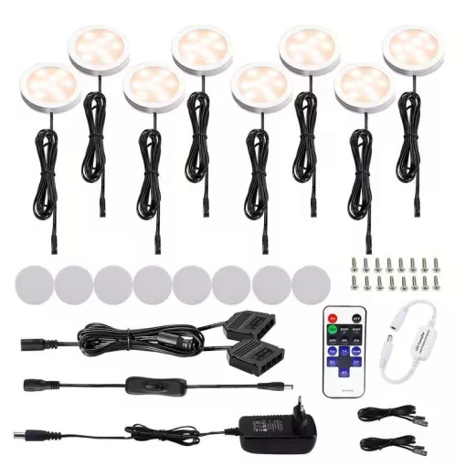 AIBOO Dimmelhető LED szekrényvilágítás – Hideg fehér + RGB, távirányítóval (8 db ultralapos lámpa)