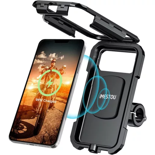 iMESTOU IP67 vízálló motorkerékpár telefontartó L-es méret – vezeték nélküli és USB-C töltéssel