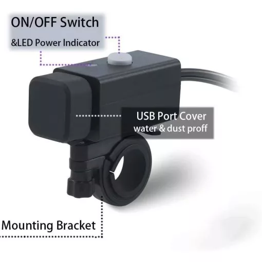 iMESTOU Motoros USB Töltő – 5V 2.1A, vízálló, dupla USB, kapcsolóval és biztosítékkal (12V/24V)