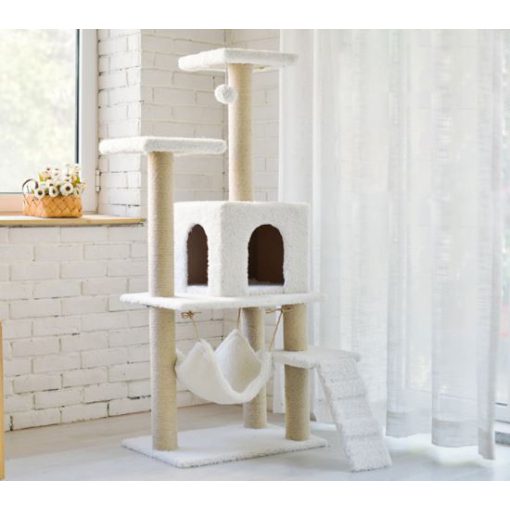 Macska kaparófa - Házikóval, hintával és pihenő felülettel  - Bézs színben 