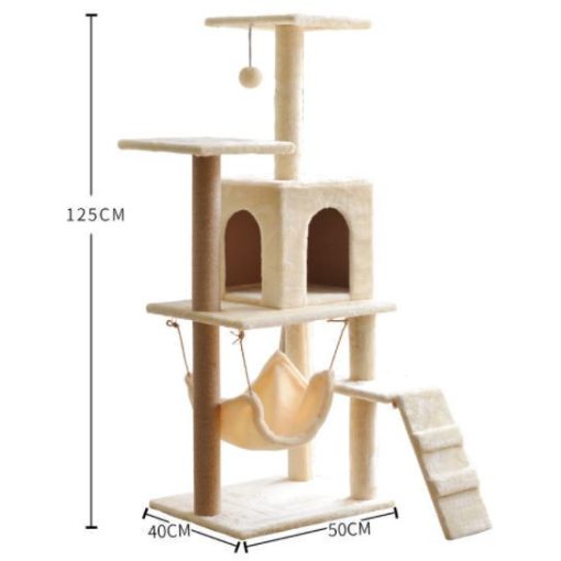 Macska kaparófa - Házikóval, hintával és pihenő felülettel  - Bézs színben 