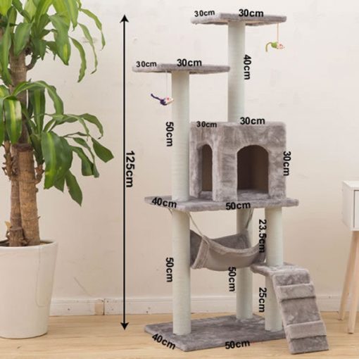 Macska kaparófa - Házikóval, hintával és pihenő felülettel  - Szürke színben 
