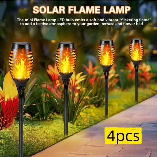 4 darabos napelemes fáklyalámpa készlet – 12 LED-es, pislákoló lánghatással