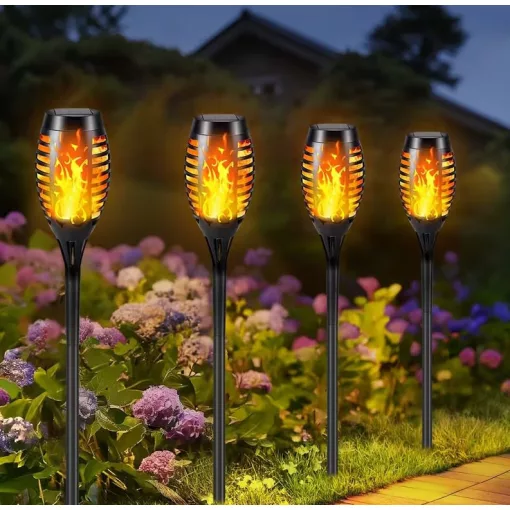 4 darabos napelemes fáklyalámpa készlet – 12 LED-es, pislákoló lánghatással