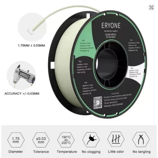 Eryone Luminous PLA Filament 1KG 1,75 mm átmérőjű, sötétben világító,3D nyomtatáshoz (kék)