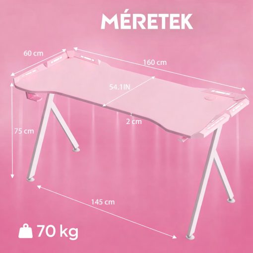 Dowinx RGB Gamer számítógépasztal, 160x60 cm, pink - Pohártartó, fejhallgató tartó, távirányító