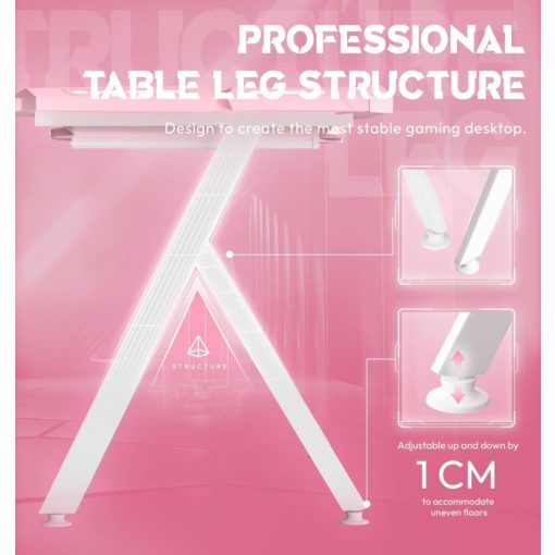 Dowinx RGB Gamer számítógépasztal, 160x60 cm, pink - Pohártartó, fejhallgató tartó, távirányító