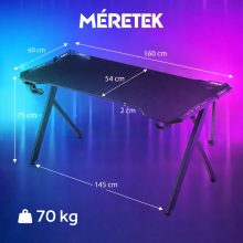 Dowinx RGB Gamer számítógépasztal, 160x60 cm, fekete - Pohártartó, fejhallgató tartó, távirányító