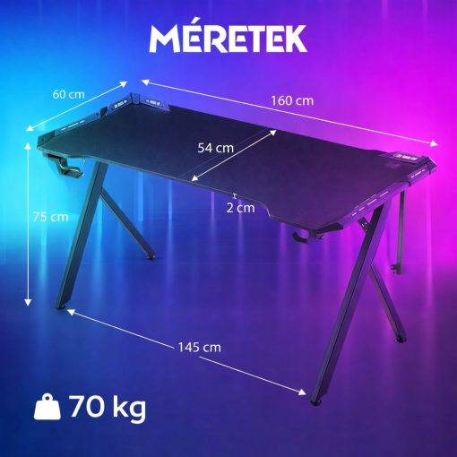 Dowinx RGB Gamer számítógépasztal, 160x60 cm, fekete - Pohártartó, fejhallgató tartó, távirányító