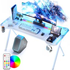   Dowinx RGB Gamer számítógépasztal, 120x60 cm, fehér - Pohártartó, fejhallgató tartó, távirányító