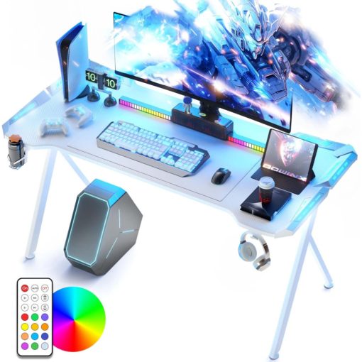 Dowinx RGB Gamer számítógépasztal, 120x60 cm, fehér - Pohártartó, fejhallgató tartó, távirányító