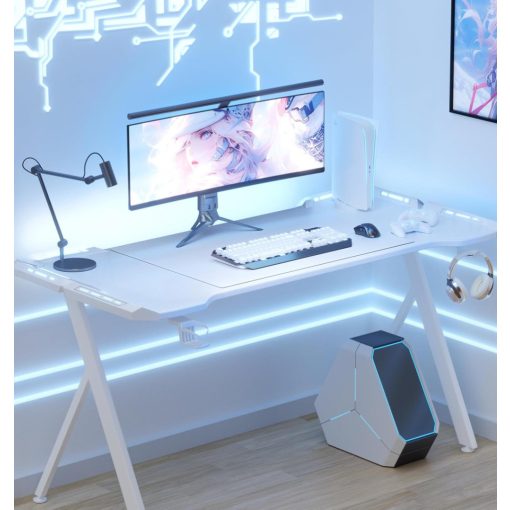Dowinx RGB Gamer számítógépasztal, 120x60 cm, fehér - Pohártartó, fejhallgató tartó, távirányító