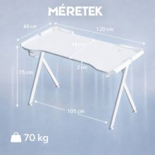 Dowinx RGB Gamer számítógépasztal, 120x60 cm, fehér - Pohártartó, fejhallgató tartó, távirányító