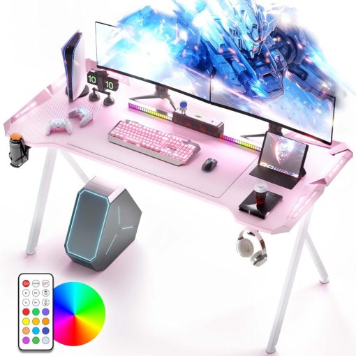 Dowinx RGB Gamer számítógépasztal, 120x60 cm, pink- Pohártartó, fejhallgató tartó, távirányító