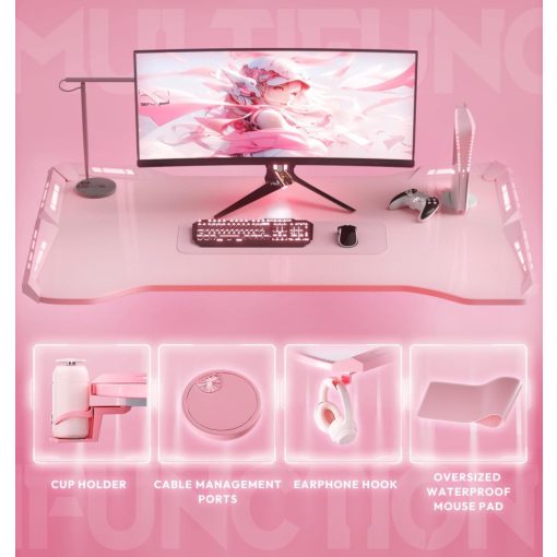 Dowinx RGB Gamer számítógépasztal, 120x60 cm, pink- Pohártartó, fejhallgató tartó, távirányító