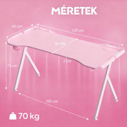 Dowinx RGB Gamer számítógépasztal, 120x60 cm, pink- Pohártartó, fejhallgató tartó, távirányító