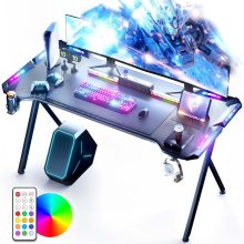 Dowinx RGB Gamer számítógépasztal, 120x60 cm, fekete- Pohártartó, fejhallgató tartó, távirányító