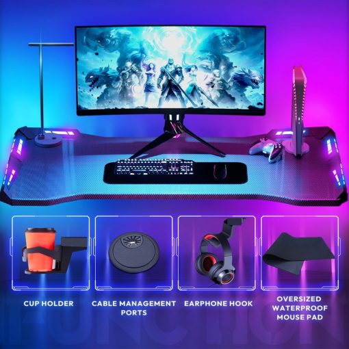 Dowinx RGB Gamer számítógépasztal, 120x60 cm, fekete- Pohártartó, fejhallgató tartó, távirányító