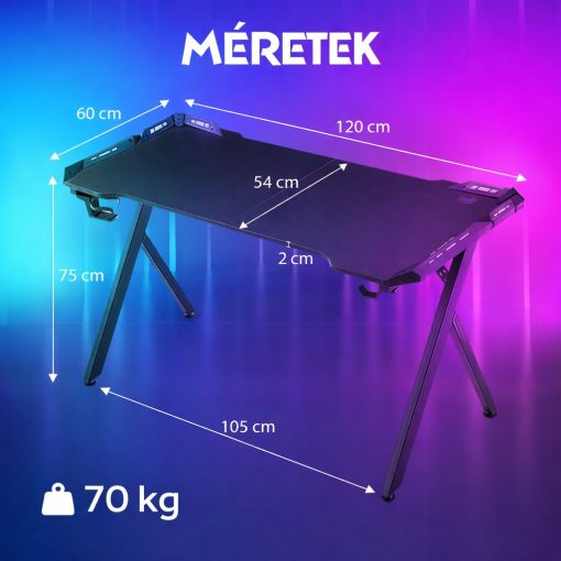 Dowinx RGB Gamer számítógépasztal, 120x60 cm, fekete- Pohártartó, fejhallgató tartó, távirányító