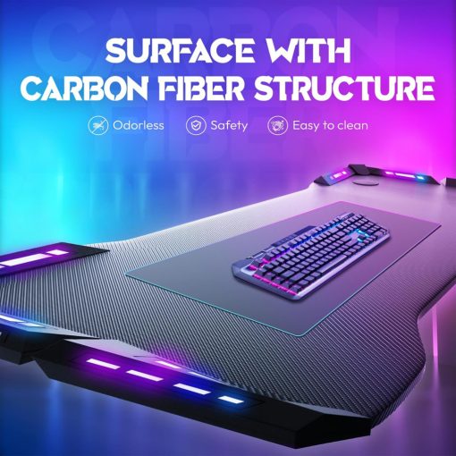 Dowinx RGB Gamer számítógépasztal, 120x60 cm, fekete- Pohártartó, fejhallgató tartó, távirányító