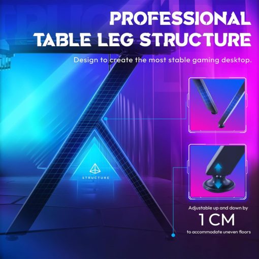 Dowinx RGB Gamer számítógépasztal, 120x60 cm, fekete- Pohártartó, fejhallgató tartó, távirányító